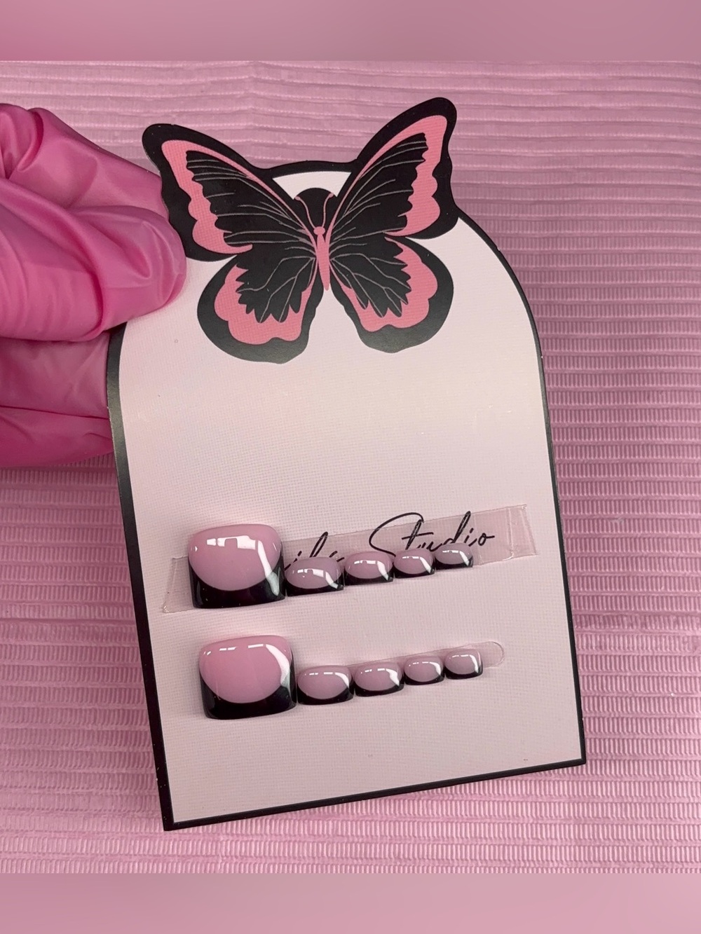 press on toenails pink nude black French tips handmade custom gel